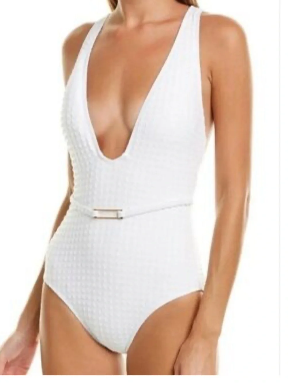 LA BLANCA Women's White Textured Belted Plunging One-Piece Swimsuit Size 14